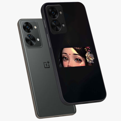 Radha Divine Embrace Glass Case for 1+Nord 2T angled mockup showcasing glossy glass finish and vibrant spiritual tones