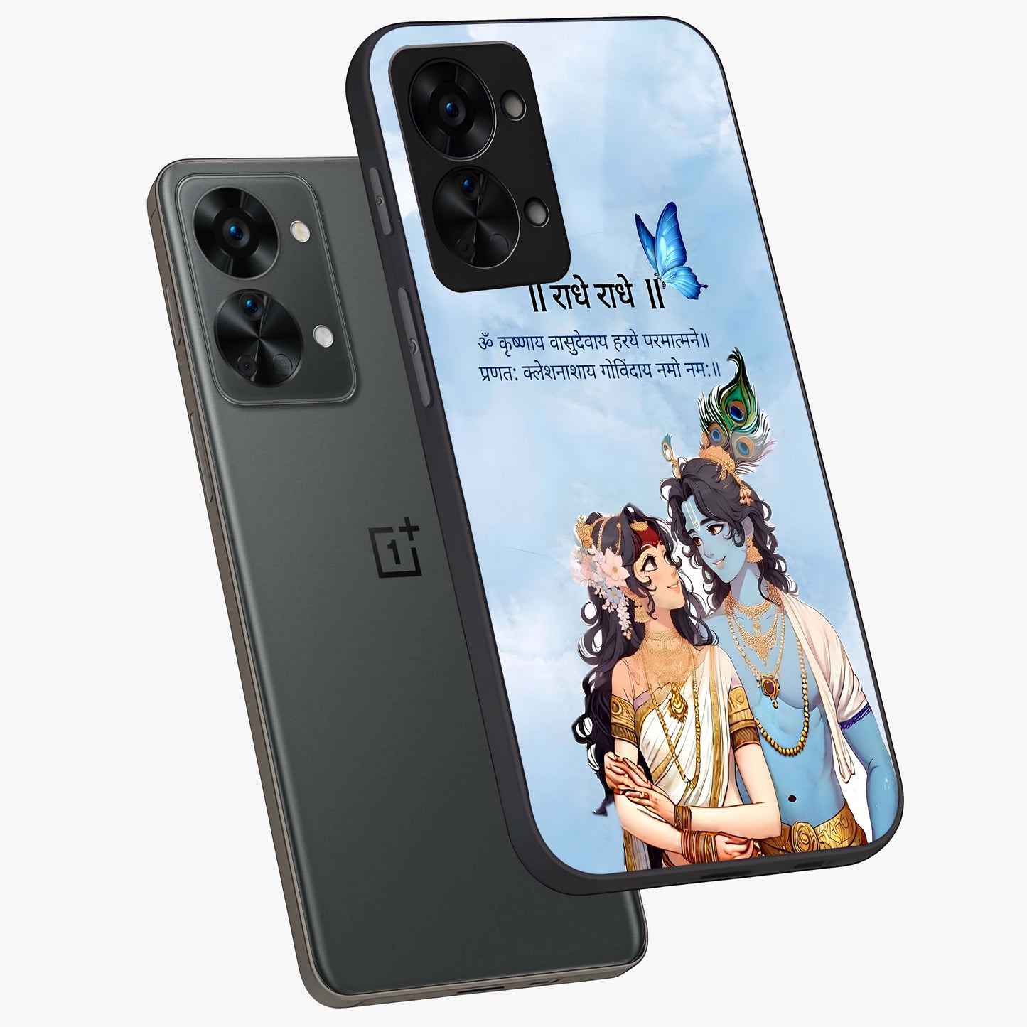 Radha Krishna Eternal Glass Case for 1+Nord 2T angled mockup showcasing glossy finish and rich cultural tones