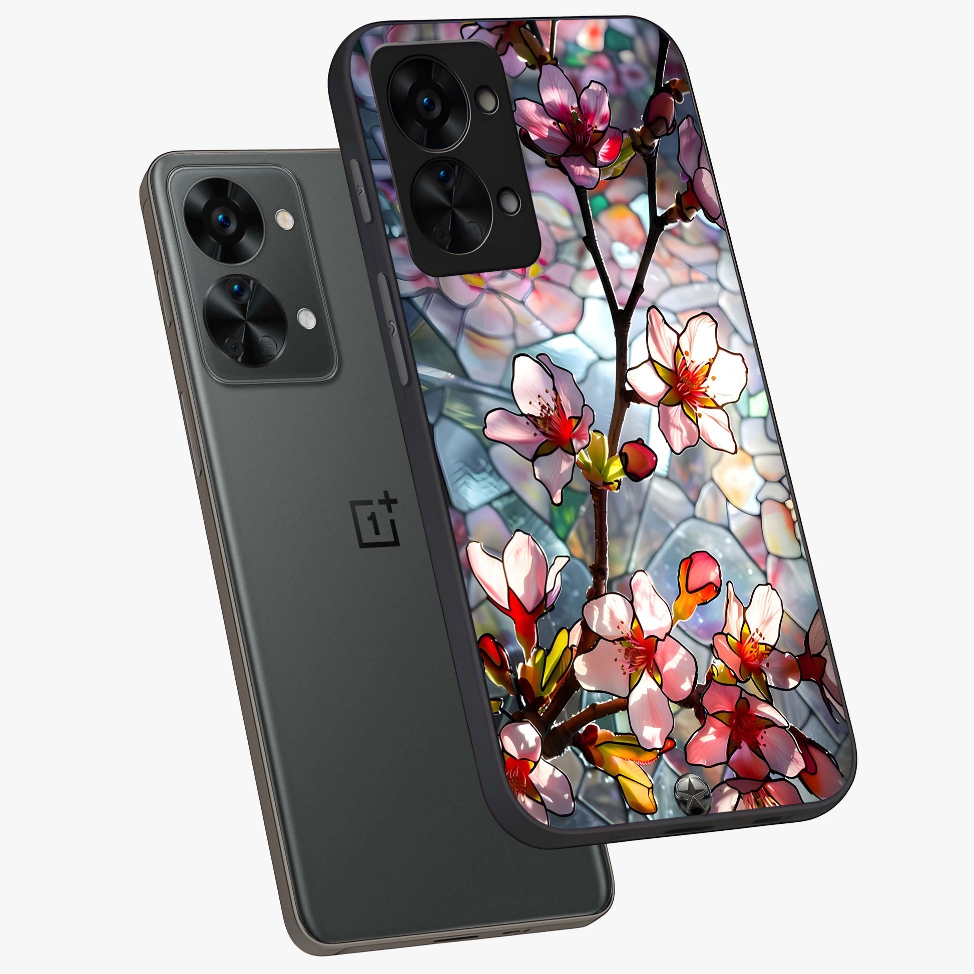 Radiant Bloom Glow Glass Case for 1+Nord 2T angled mockup showcasing glossy finish and luminous detailing
