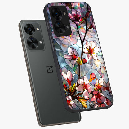 Radiant Bloom Glow Glass Case for 1+Nord 2T angled mockup showcasing glossy finish and luminous detailing