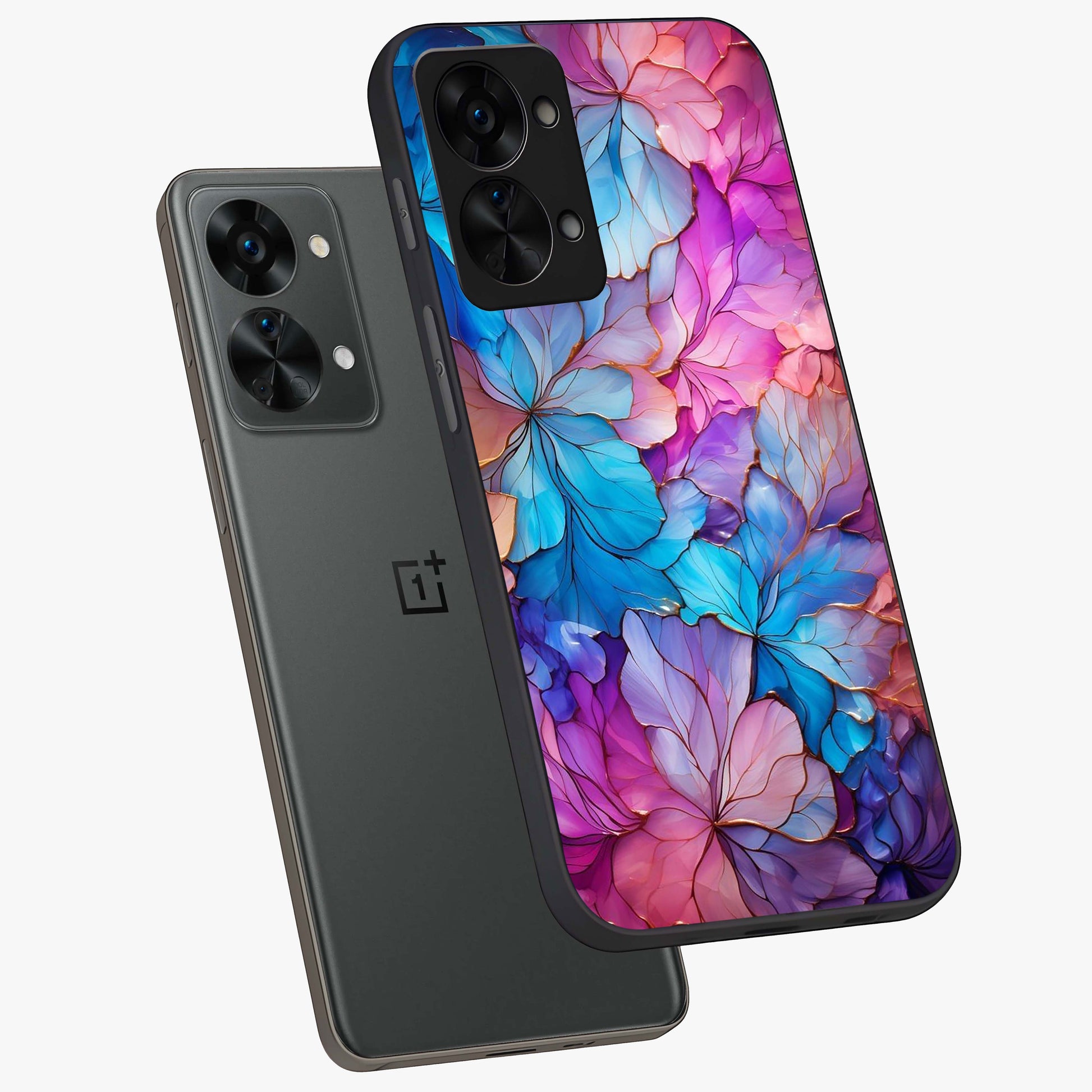 Radiant Floral Whirl Glass Case for 1+Nord 2T angled mockup showcasing glossy finish and dynamic bloom tones