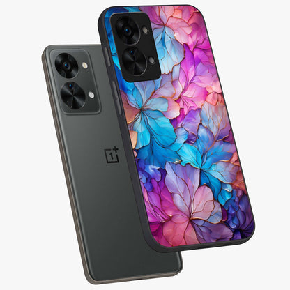 Radiant Floral Whirl Glass Case for 1+Nord 2T angled mockup showcasing glossy finish and dynamic bloom tones