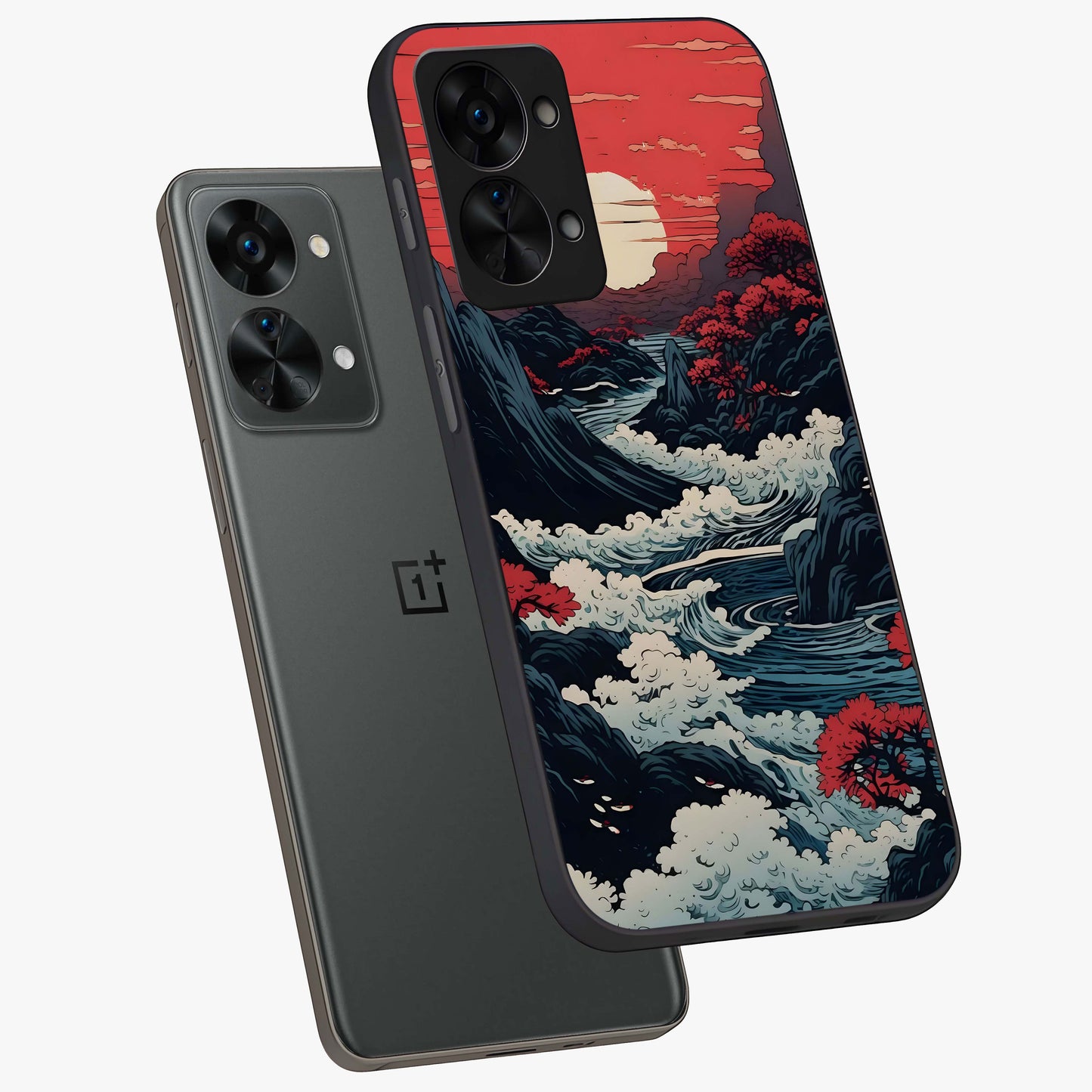 Red Sunset Scenery Glass Case for 1+Nord 2T angled mockup showcasing glossy finish and rich crimson tones