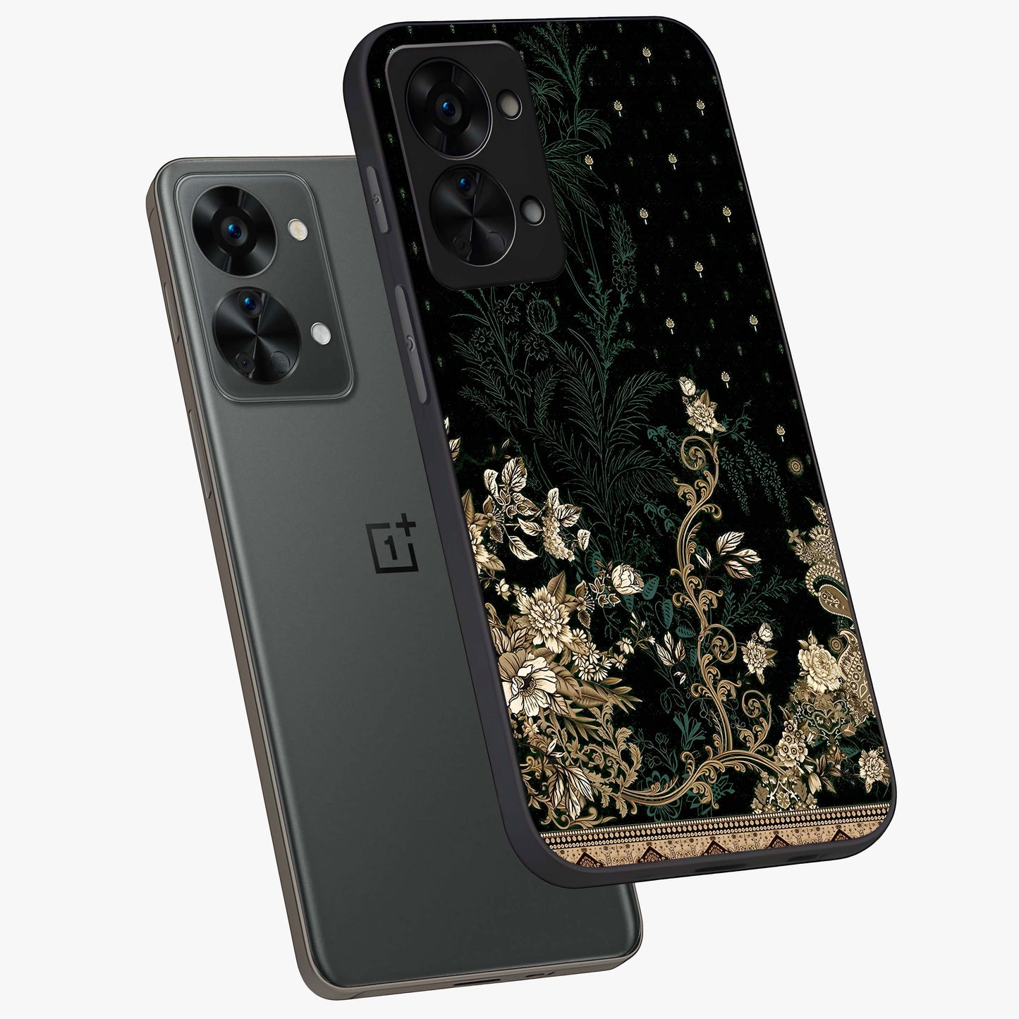 Regal Botanical Tapestry Glass Case for 1+Nord 2T angled mockup showcasing glossy finish and rich heritage tones