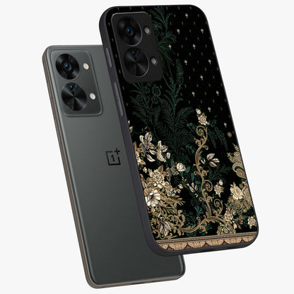 Regal Botanical Tapestry Glass Case for 1+Nord 2T angled mockup showcasing glossy finish and rich heritage tones