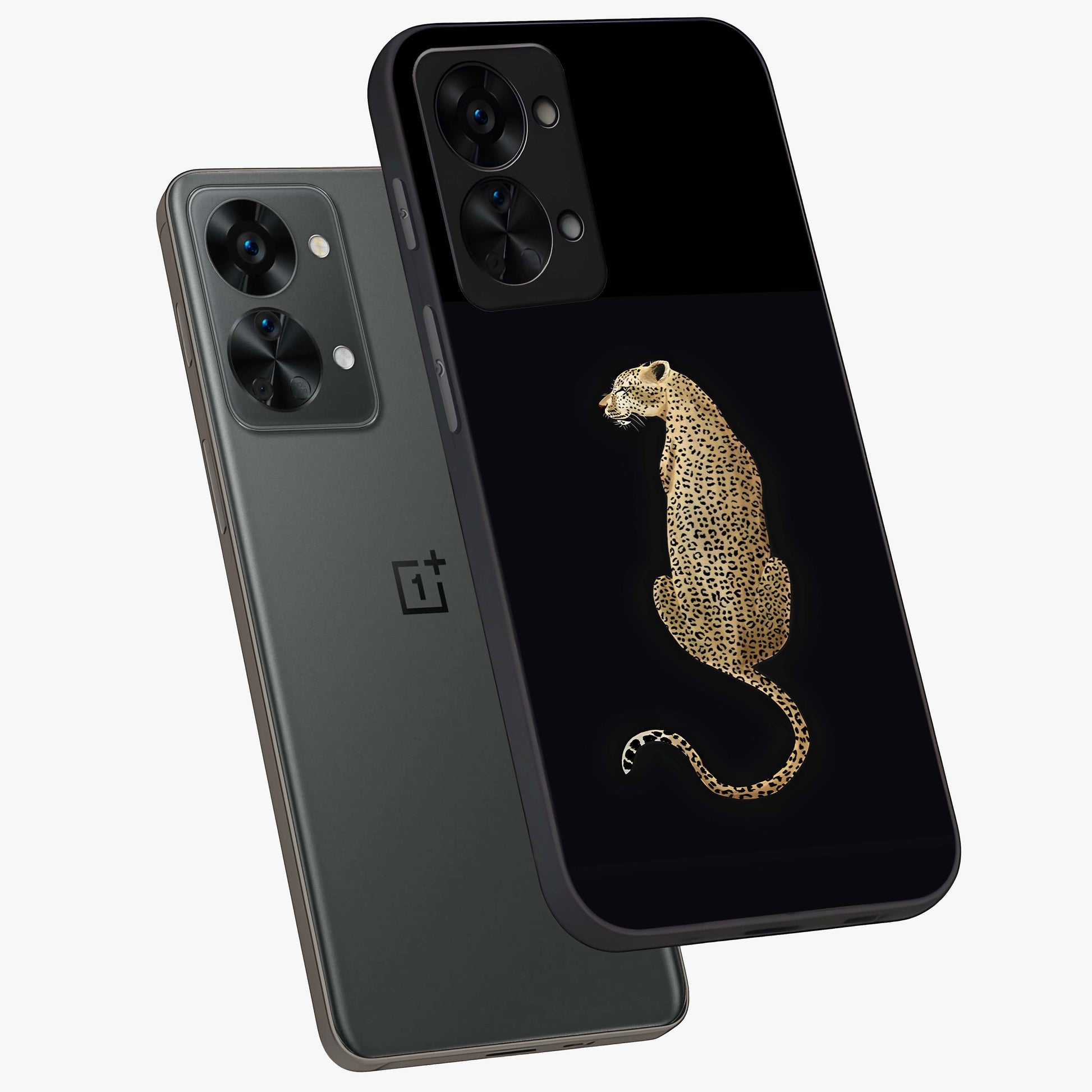 Regal Leopard Glass Case for 1+Nord 2T angled mockup showcasing glossy glass finish and detailed animal textures