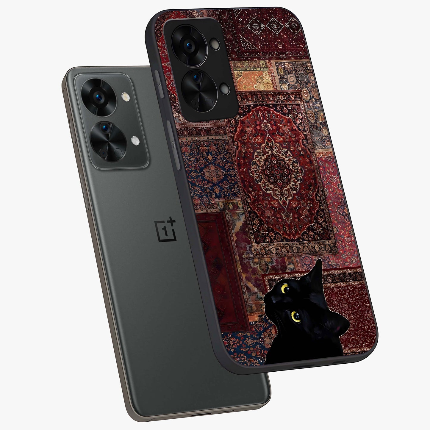 Regal Magic Cat Apple Glass Case for 1+Nord 2T angled mockup showcasing glossy finish and vibrant illustration detailing