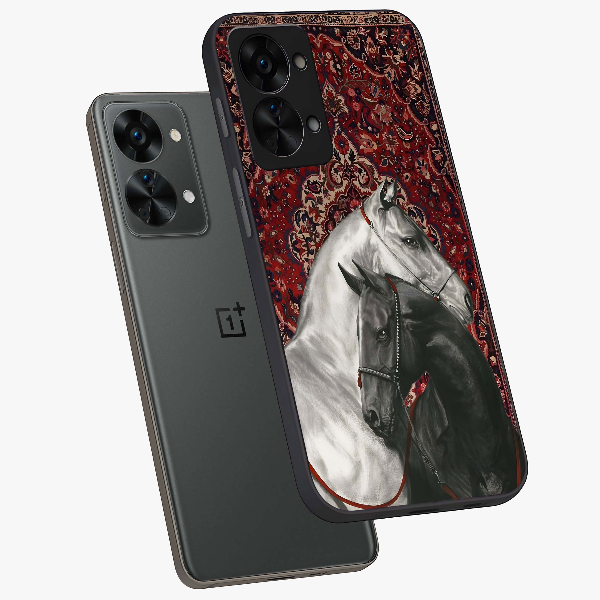 Regal Stallion Tapestry Glass Case for 1+Nord 2T angled mockup showcasing glossy finish and rich ornamental tones