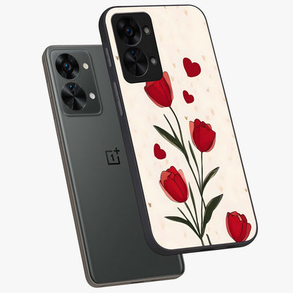 Romantic Tulip Hearts Glass Case for 1+Nord 2T angled mockup showcasing glossy glass finish and soft romantic tones
