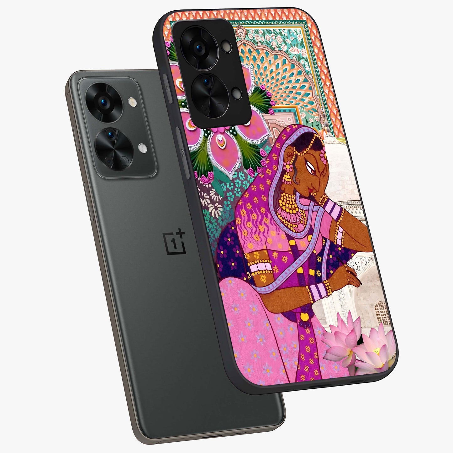 Royal Lotus Muse Glass Case for 1+Nord 2T angled mockup showcasing glossy finish and refined floral tones