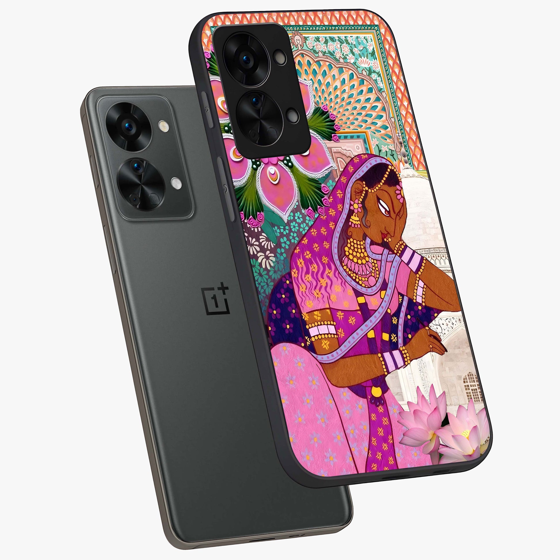 Royal Lotus Muse Glass Case for 1+Nord 2T angled mockup showcasing glossy finish and refined floral tones