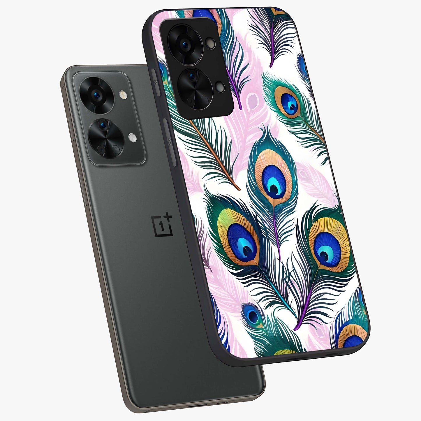 Royal Peacock Feathers Glass Case for 1+Nord 2T angled mockup showcasing glossy finish and rich blue green tones