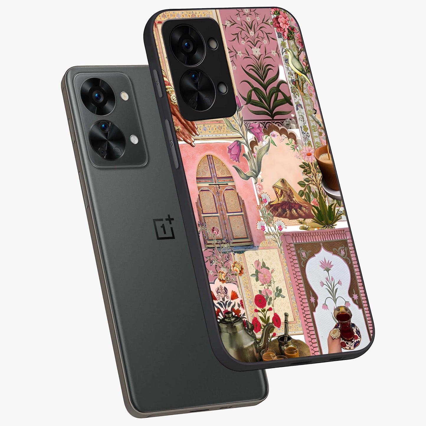 Royal Pink Legacy Glass Case for 1+Nord 2T angled mockup showcasing glossy finish and refined pastel tones