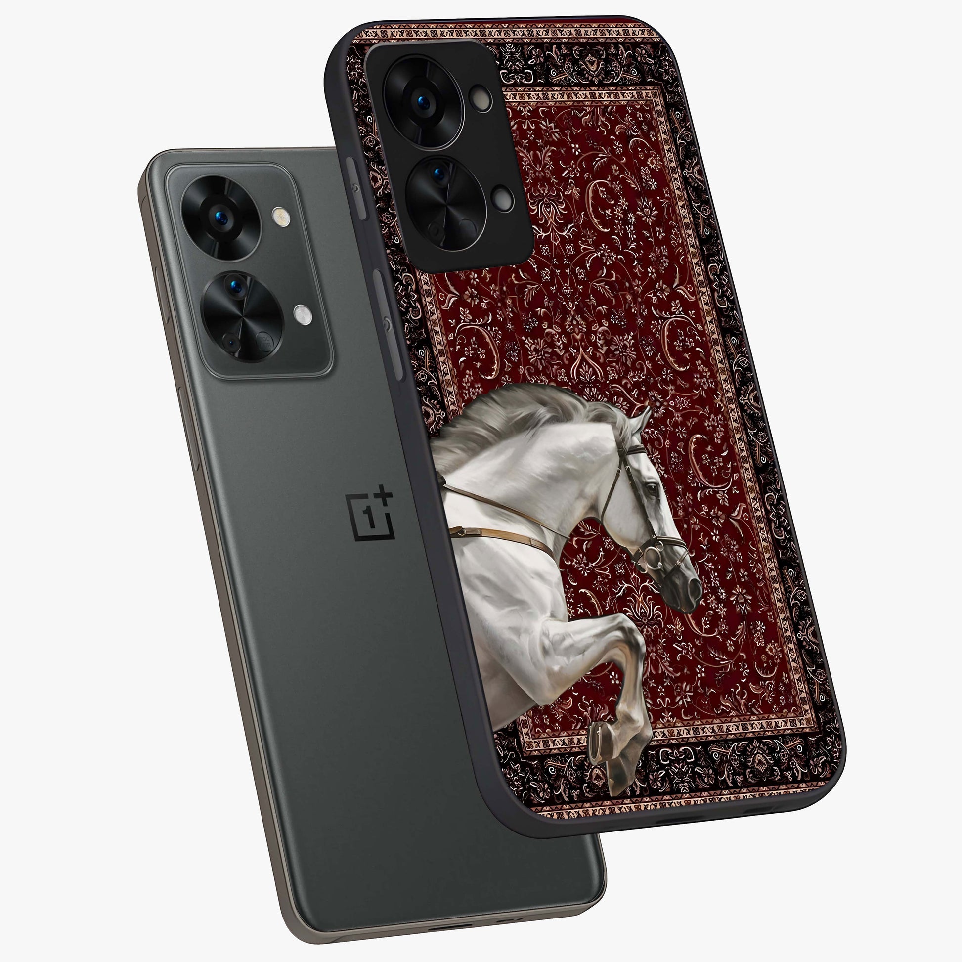 Royal Rider Tapestry Glass Case for 1+Nord 2T angled mockup showcasing glossy finish and heritage inspired detailing