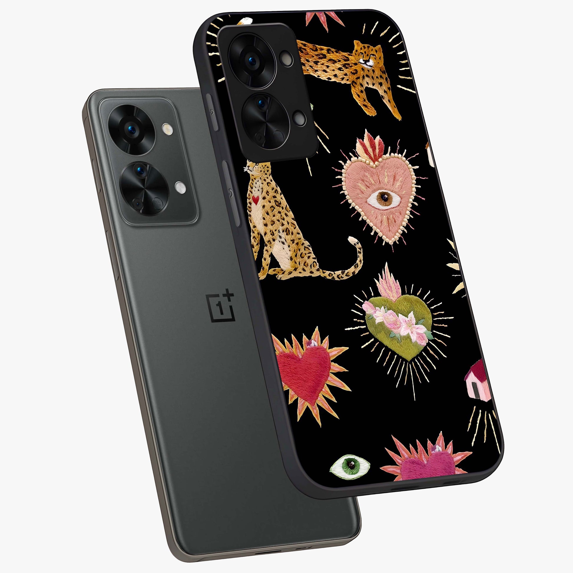 Sacred Jungle Heart Glass Case for 1+Nord 2T angled mockup showcasing glossy finish and rich green tones