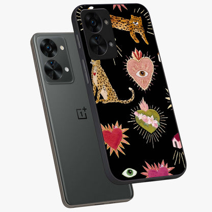 Sacred Jungle Heart Glass Case for 1+Nord 2T angled mockup showcasing glossy finish and rich green tones