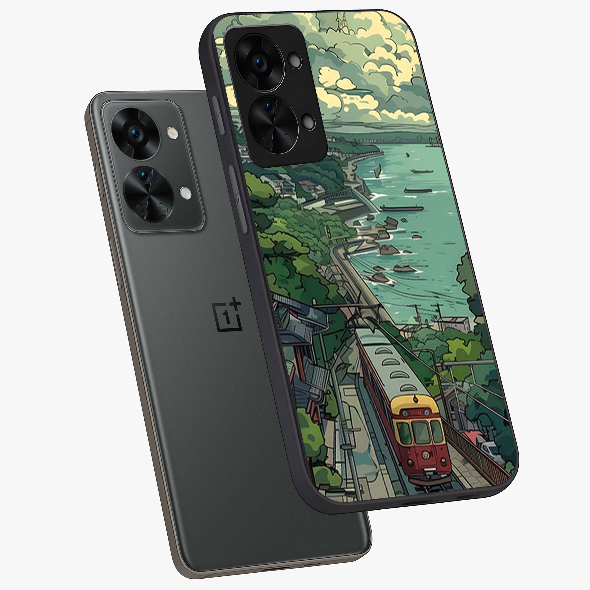 Seaside Train Ride Glass Case for 1+Nord 2T angled mockup showcasing glossy finish and calming ocean gradients