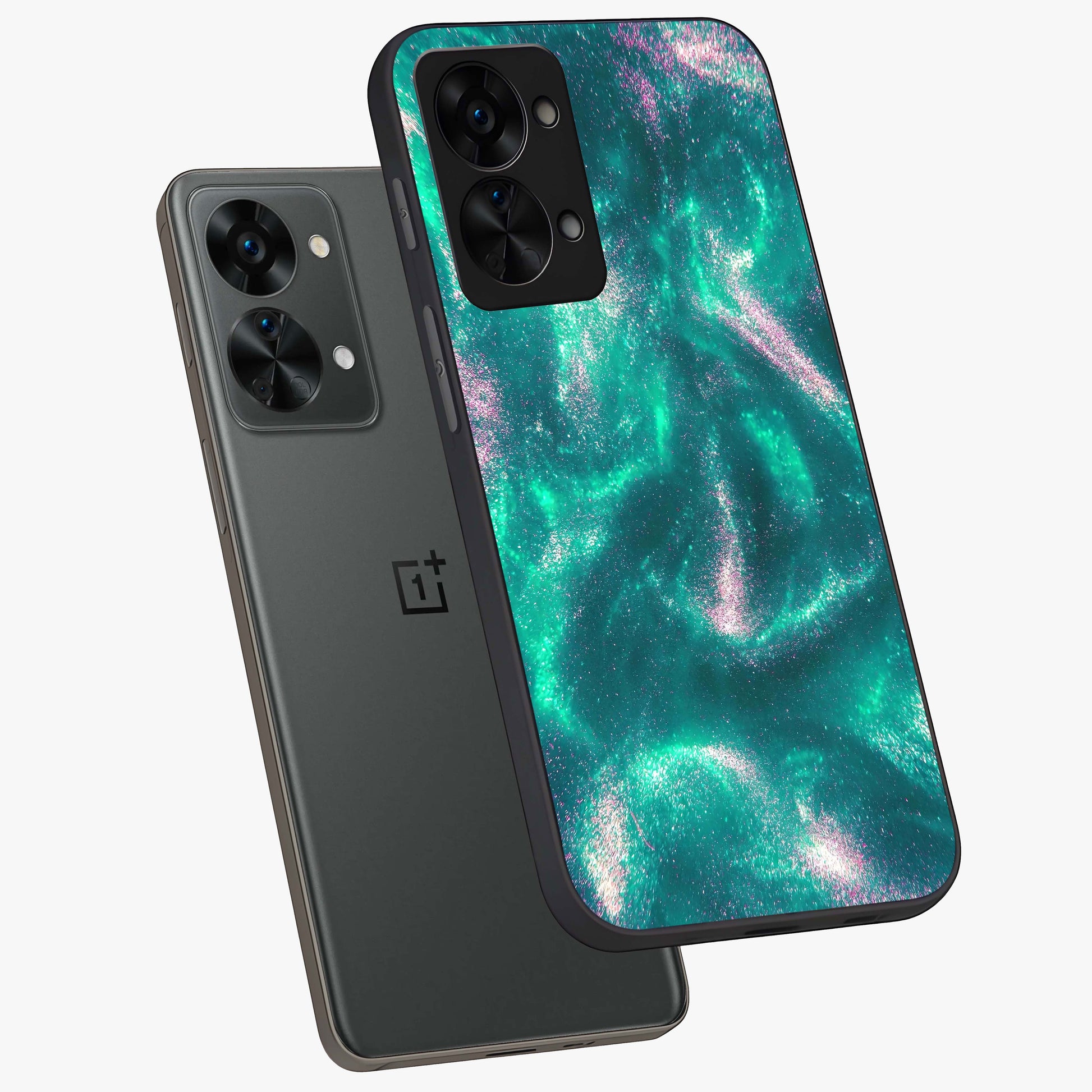 Shimmering Nebula Waves Glass Case for 1+Nord 2T angled mockup showcasing glossy finish and deep space gradients