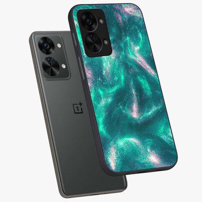 Shimmering Nebula Waves Glass Case for 1+Nord 2T angled mockup showcasing glossy finish and deep space gradients