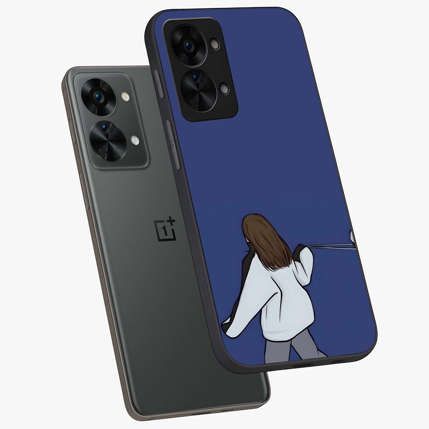 Silent Distance Love Glass Case for 1+Nord 2T angled mockup showcasing glossy glass finish and subtle aesthetic detailing