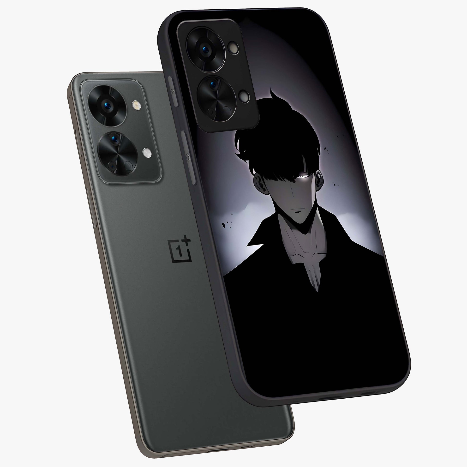 Silent Shadow Awakening Glass Case for 1+Nord 2T angled mockup showcasing glossy finish and dramatic shadow detailing