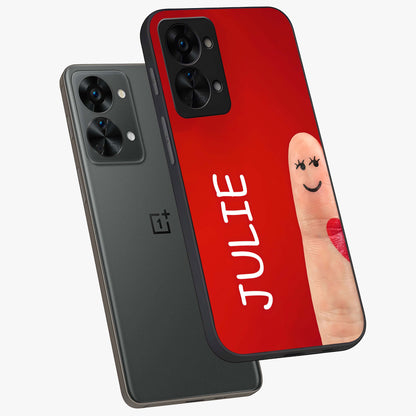 Smiling Love Sign Glass Case for 1+Nord 2T angled mockup showcasing glossy finish and vibrant heart detailing