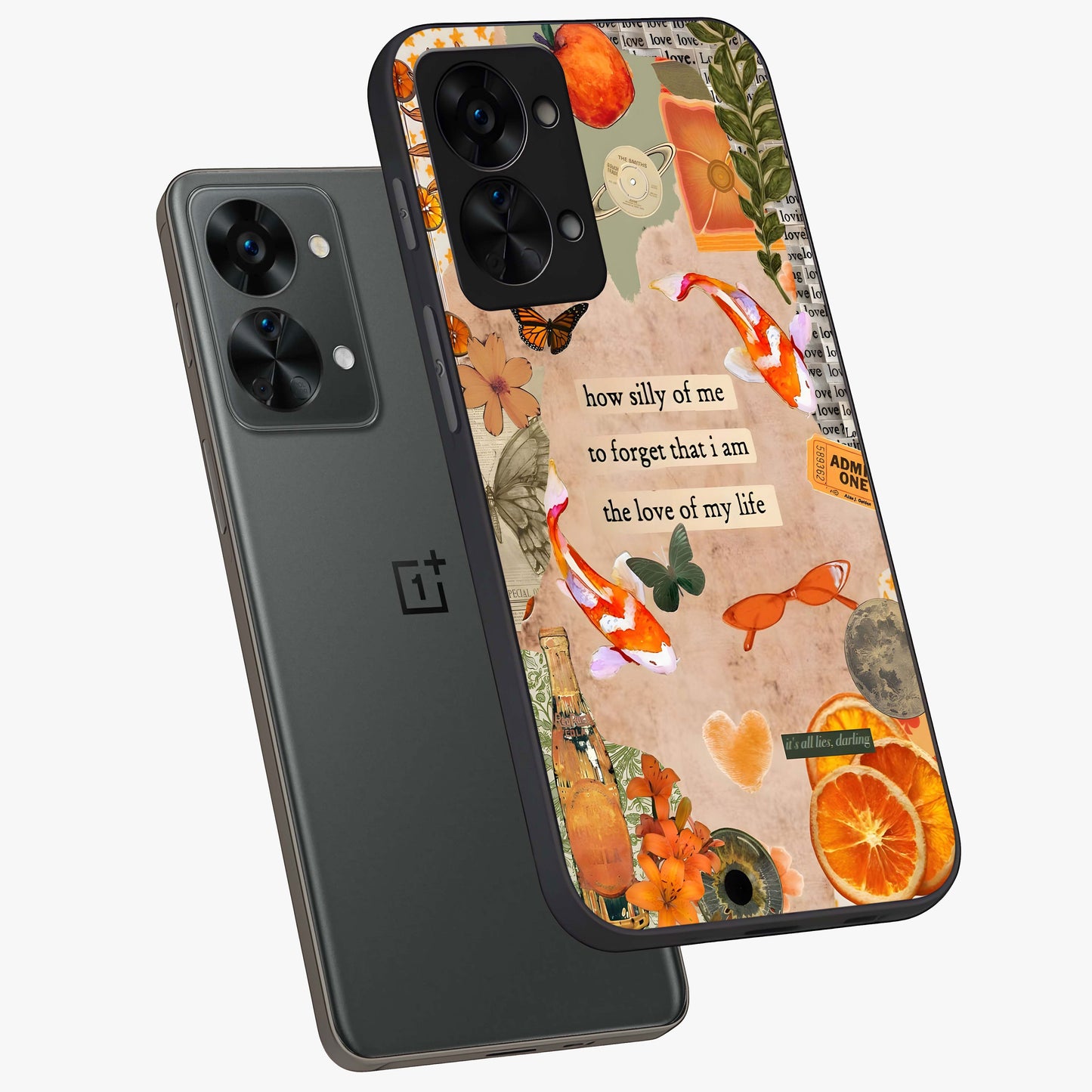 Soft Chaos Aesthetic Glass Case for 1+Nord 2T angled mockup showcasing glossy glass finish and blended gradient detailing