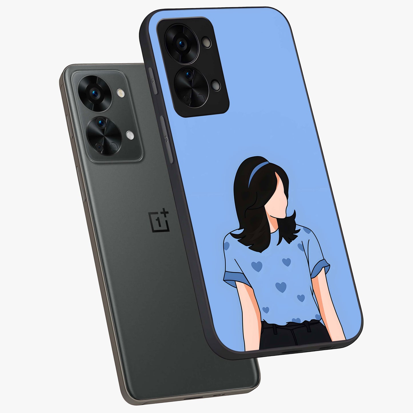 Soft Hearts Girl Glass Case for 1+Nord 2T angled mockup showcasing glossy finish and pastel romantic tones