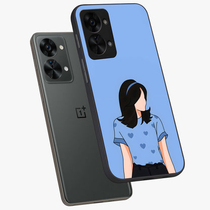 Soft Hearts Girl Glass Case for 1+Nord 2T angled mockup showcasing glossy finish and pastel romantic tones