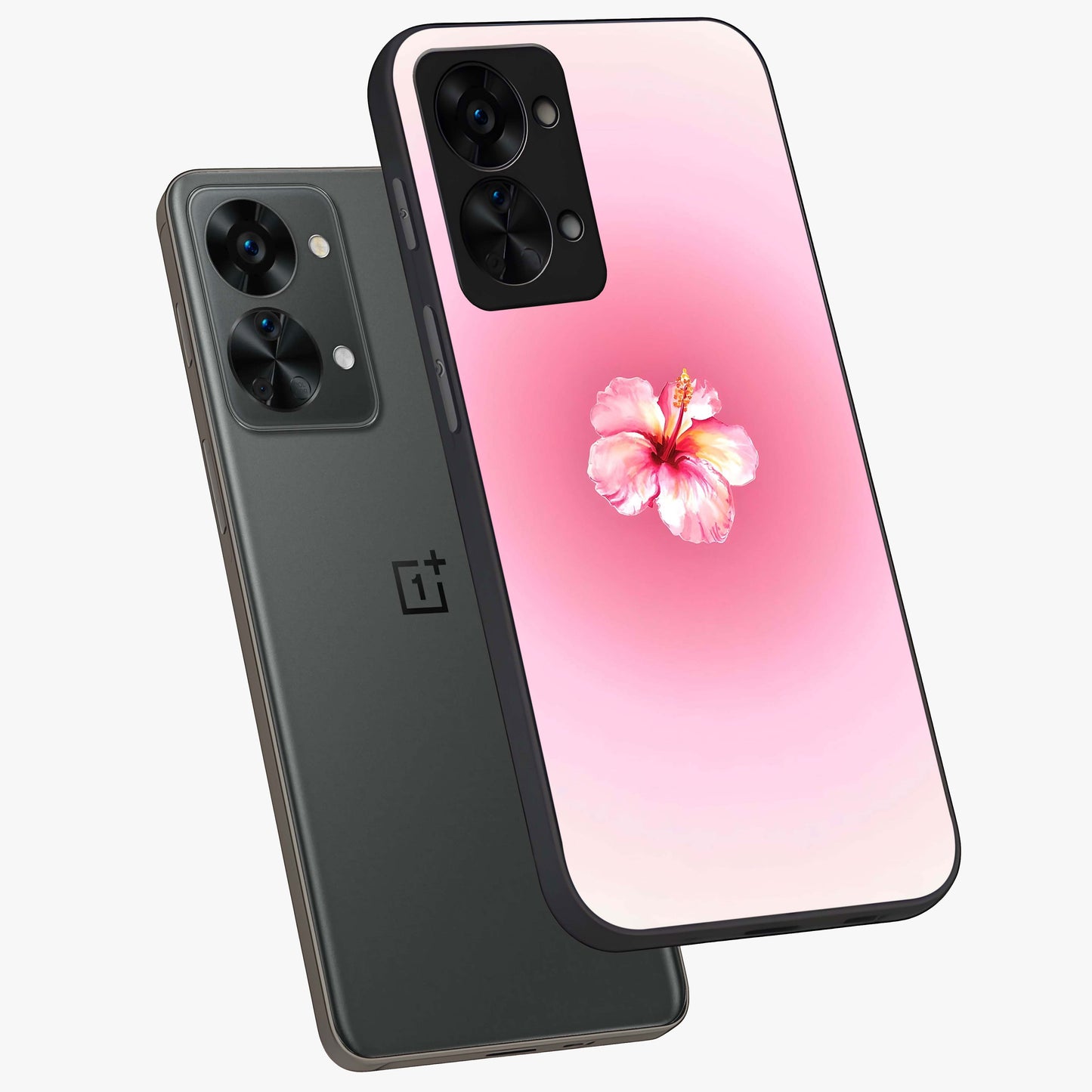 Soft Petal Serenity Glass Case for 1+Nord 2T angled mockup showcasing glossy finish and calming bloom detailing