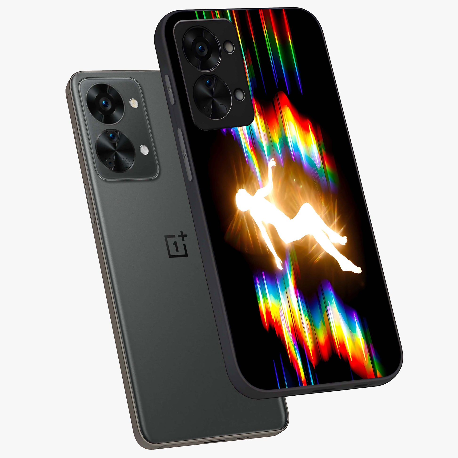 Soul in Spectrum Glass Case for 1+Nord 2T angled mockup showcasing glossy finish and vibrant gradient detailing