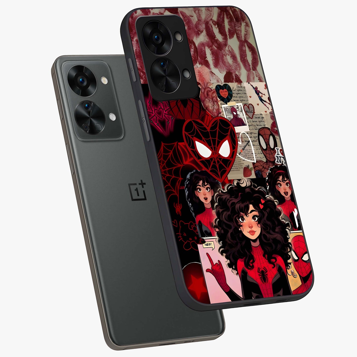 Spider Love Story Glass Case for 1+Nord 2T angled mockup showcasing glossy finish and vibrant comic style detailing