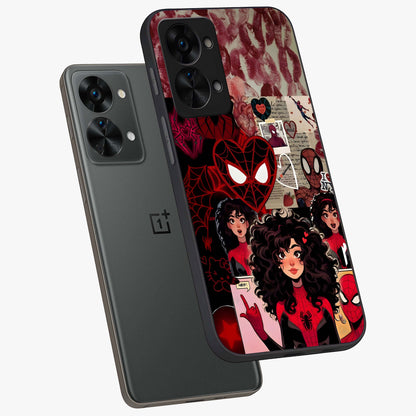Spider Love Story Glass Case for 1+Nord 2T angled mockup showcasing glossy finish and vibrant comic style detailing