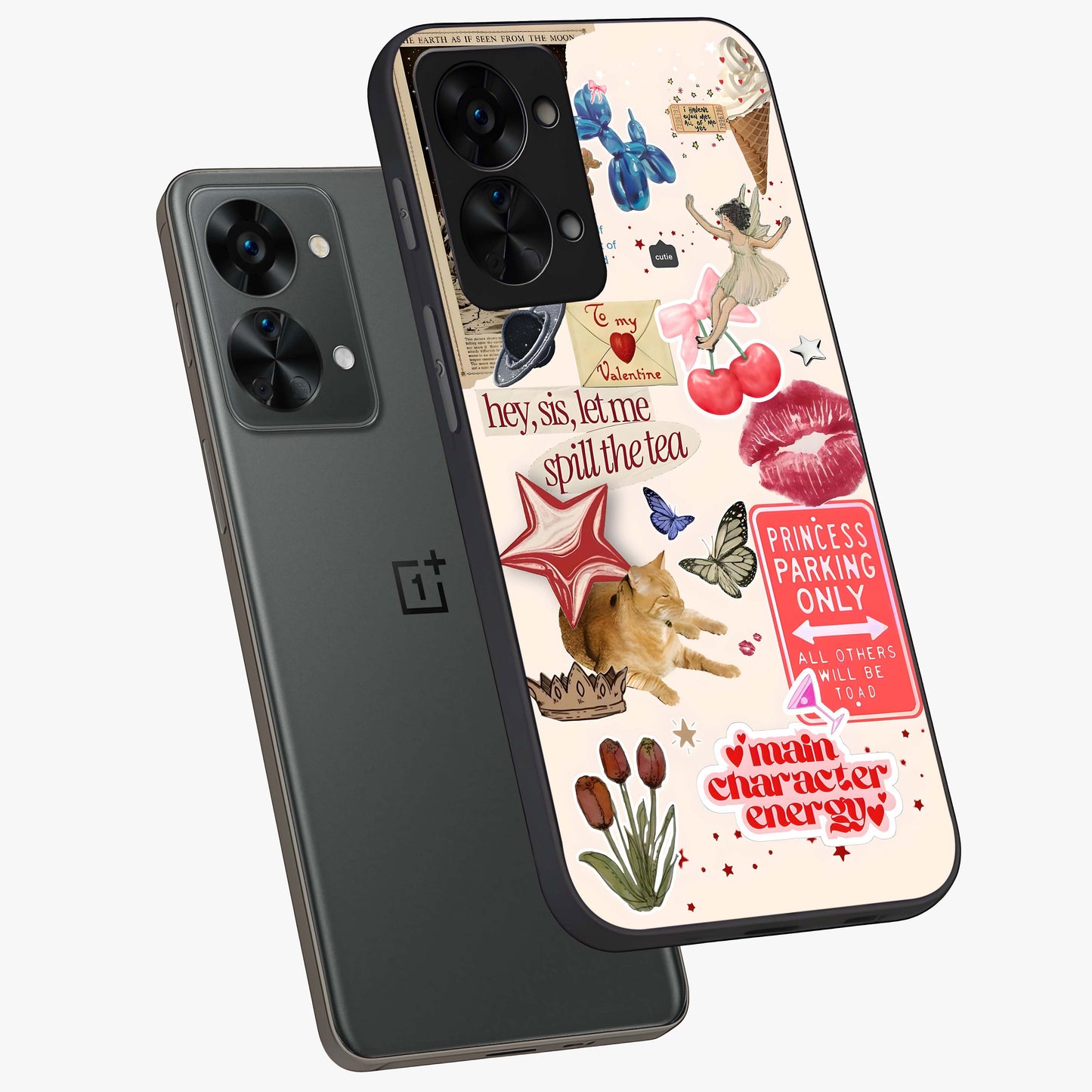 Spill the Tea Retro Collage Glass Case for 1+Nord 2T angled mockup showcasing glossy finish and bold retro detailing