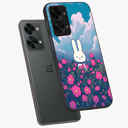 Springtime Blossom Bunny Glass Case for 1+Nord 2T angled mockup showcasing glossy finish and soft pastel tones