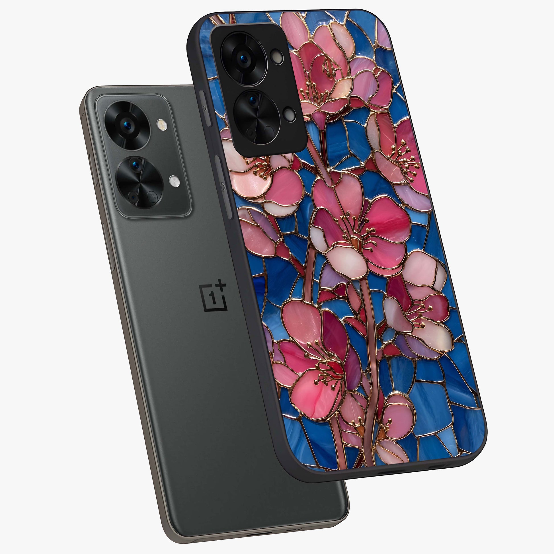 Stained Bloom Grace Glass Case for 1+Nord 2T angled mockup showcasing glossy finish and vibrant mosaic tones