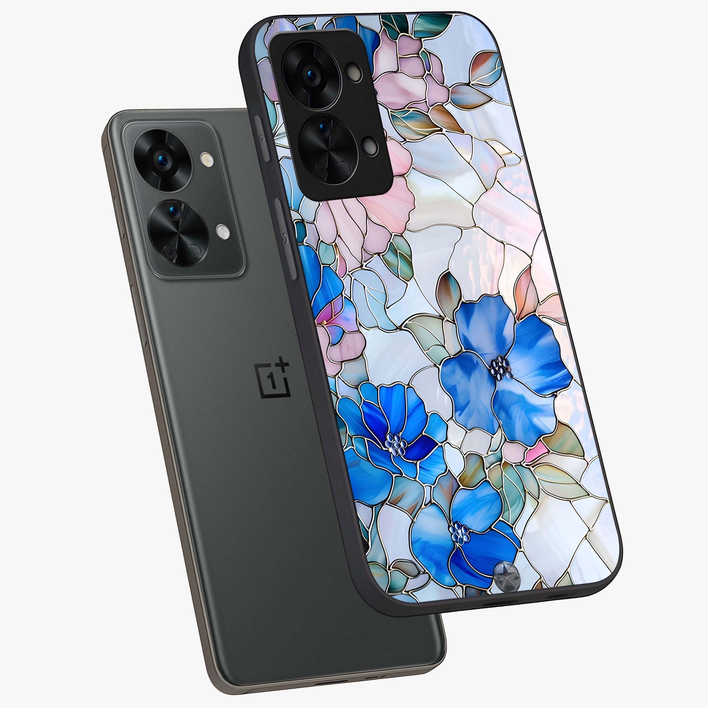 Stained Blue Floral Glass Case for 1+Nord 2T angled mockup showcasing glossy glass finish and rich sapphire tones