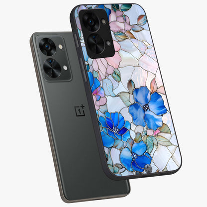 Stained Blue Floral Glass Case for 1+Nord 2T angled mockup showcasing glossy glass finish and rich sapphire tones