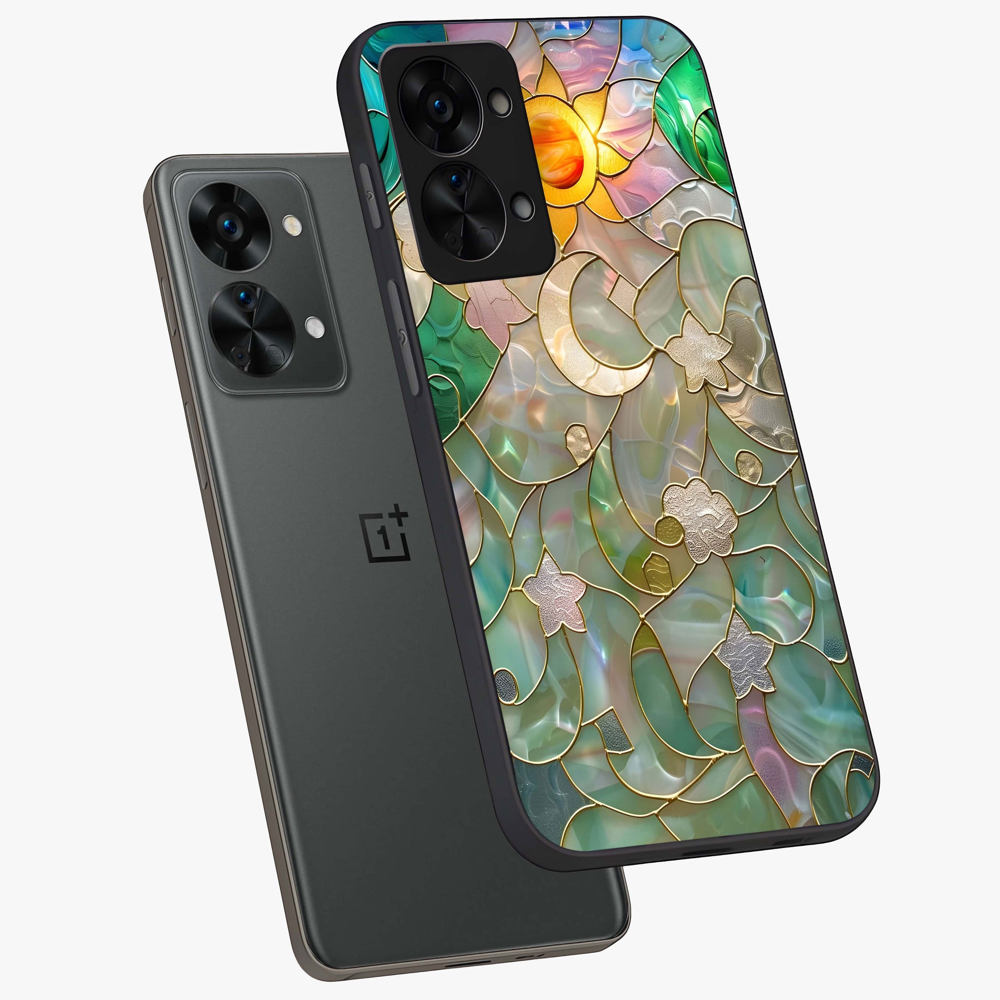 Stained Sunrise Glow Glass Case for 1+Nord 2T angled mockup showcasing glossy finish and warm golden gradients