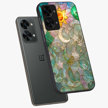 Stained Sunrise Glow Glass Case for 1+Nord 2T angled mockup showcasing glossy finish and warm golden gradients