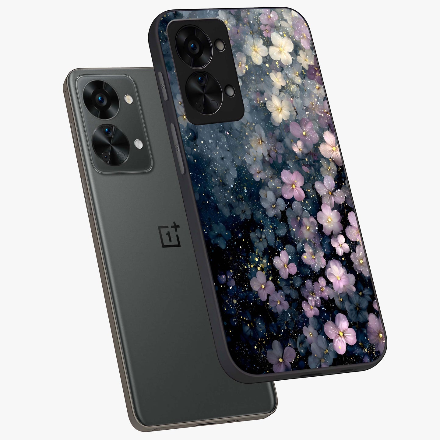 Starlit Blossom Dreams Glass Case for 1+Nord 2T angled mockup showcasing glossy finish and soft celestial detailing