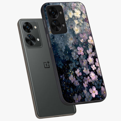 Starlit Blossom Dreams Glass Case for 1+Nord 2T angled mockup showcasing glossy finish and soft celestial detailing