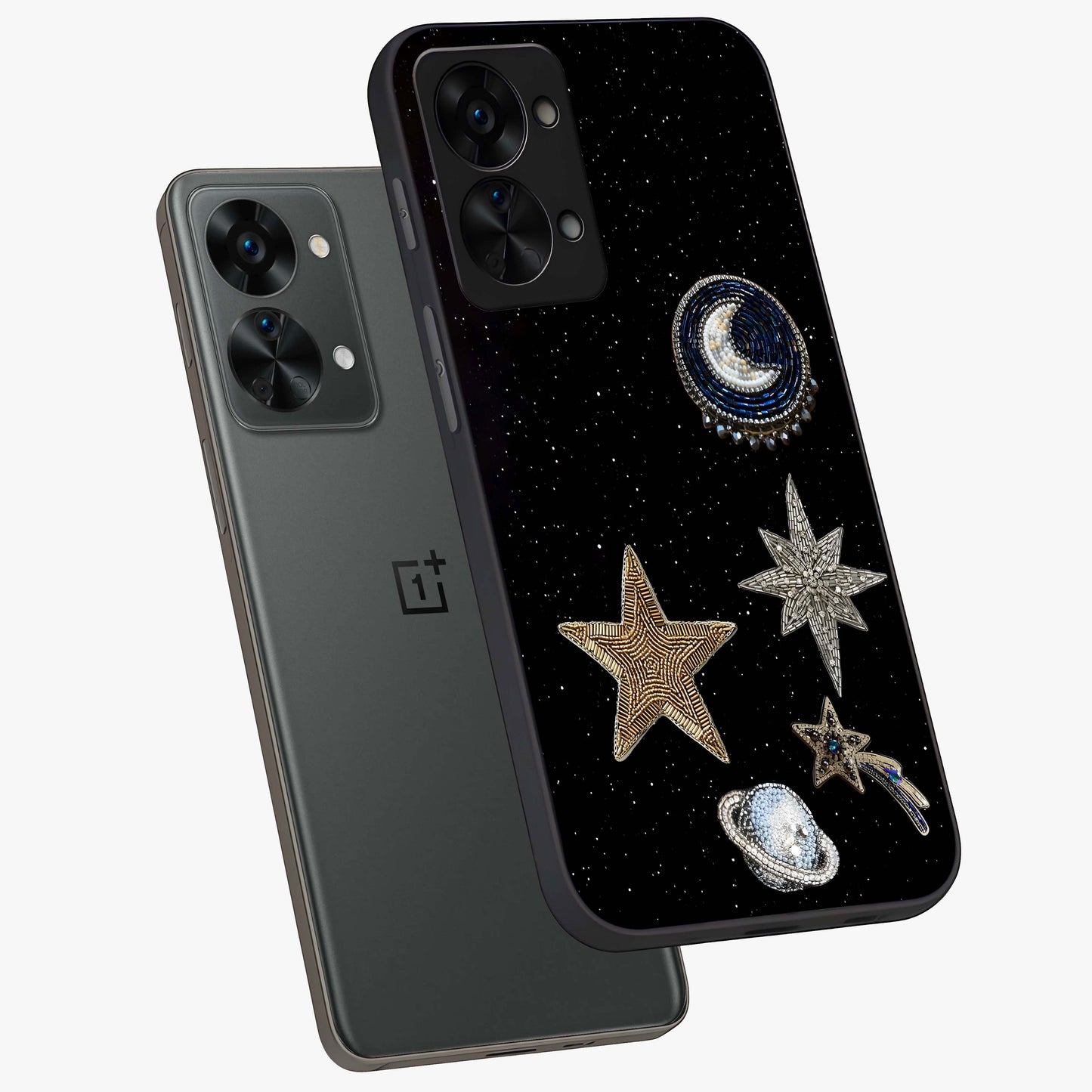 Starlit Cosmic Dreams Glass Case for 1+Nord 2T angled mockup showcasing glossy finish and deep space gradients