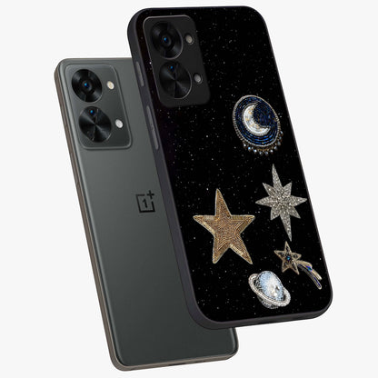 Starlit Cosmic Dreams Glass Case for 1+Nord 2T angled mockup showcasing glossy finish and deep space gradients