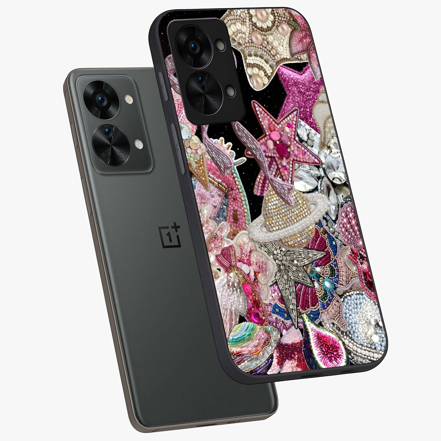 Starlit Jewel Dream Glass Case for 1+Nord 2T angled mockup showcasing glossy finish and radiant detailing