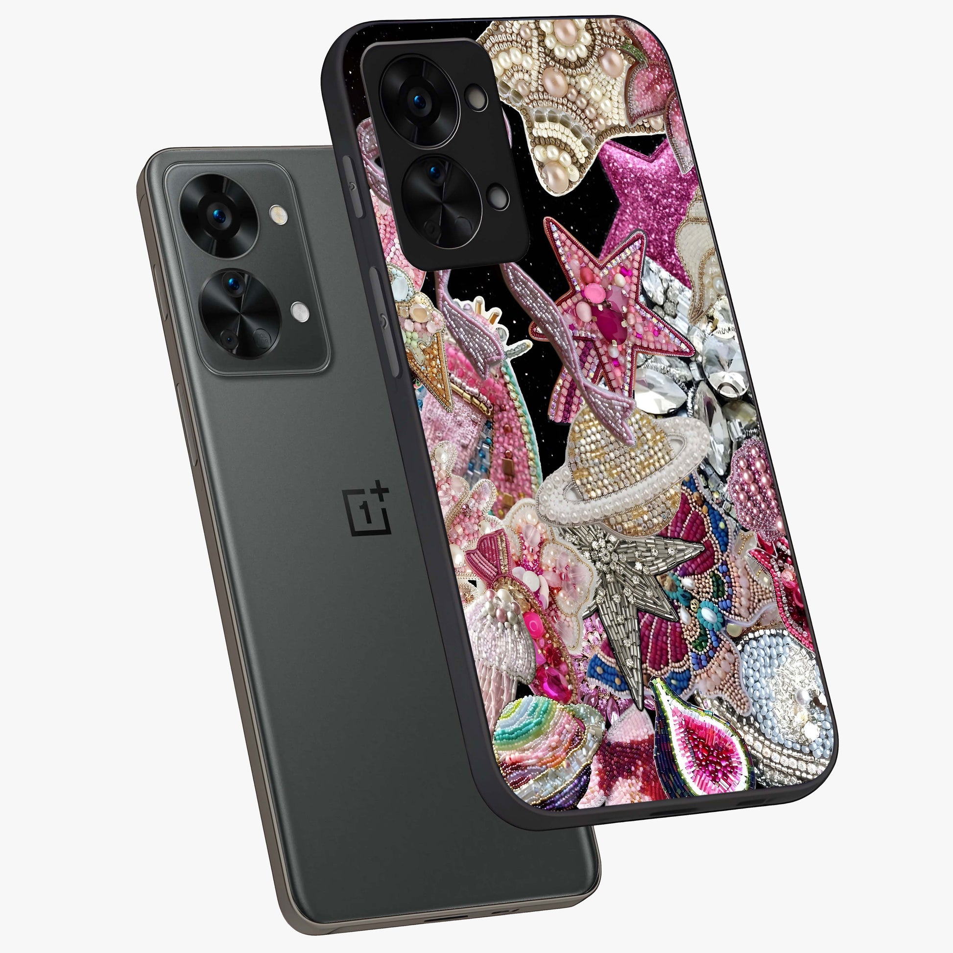 Starlit Jewel Dream Glass Case for 1+Nord 2T angled mockup showcasing glossy finish and radiant detailing