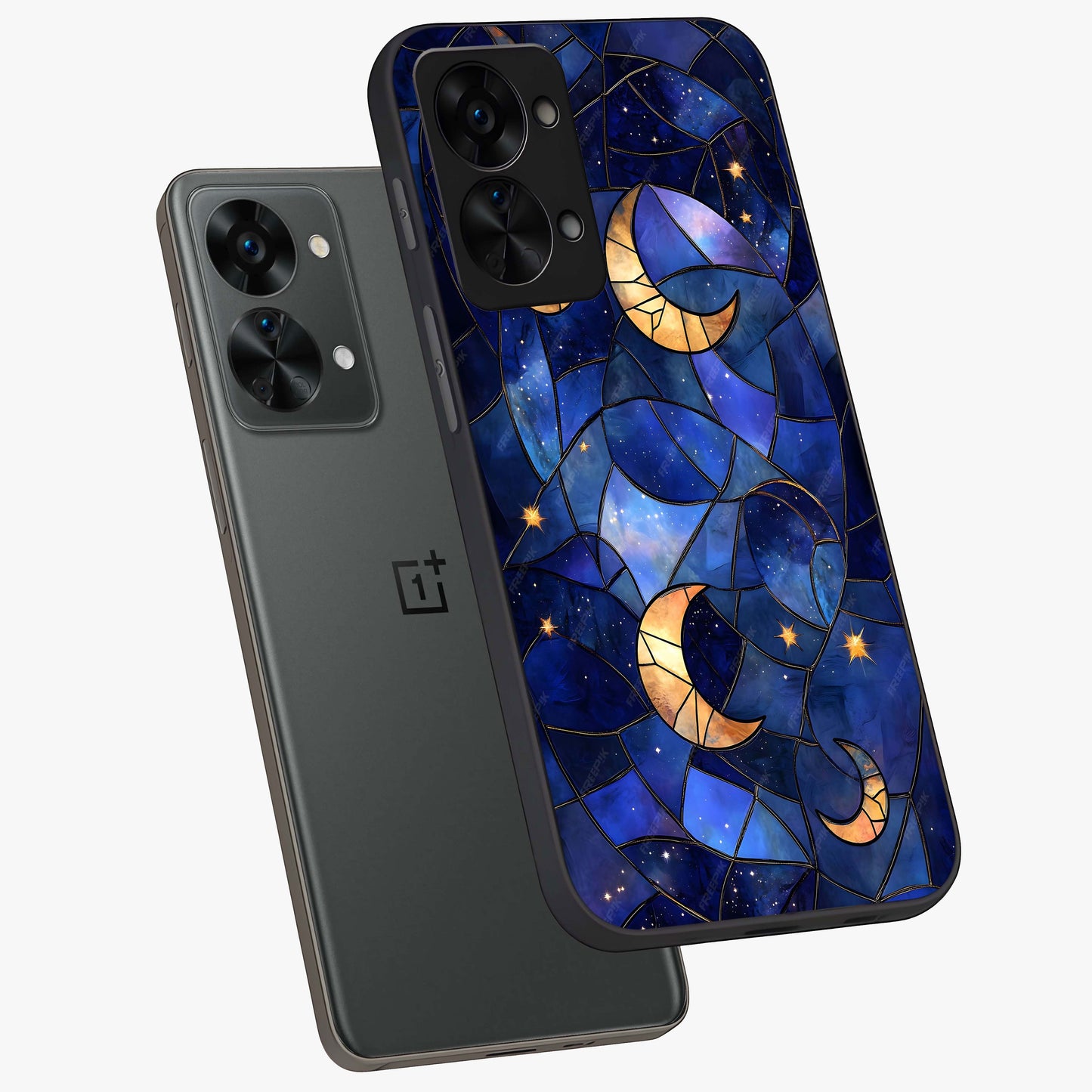 Starlit Sky Tapestry Glass Case for 1+Nord 2T angled mockup showcasing glossy finish and rich night tones