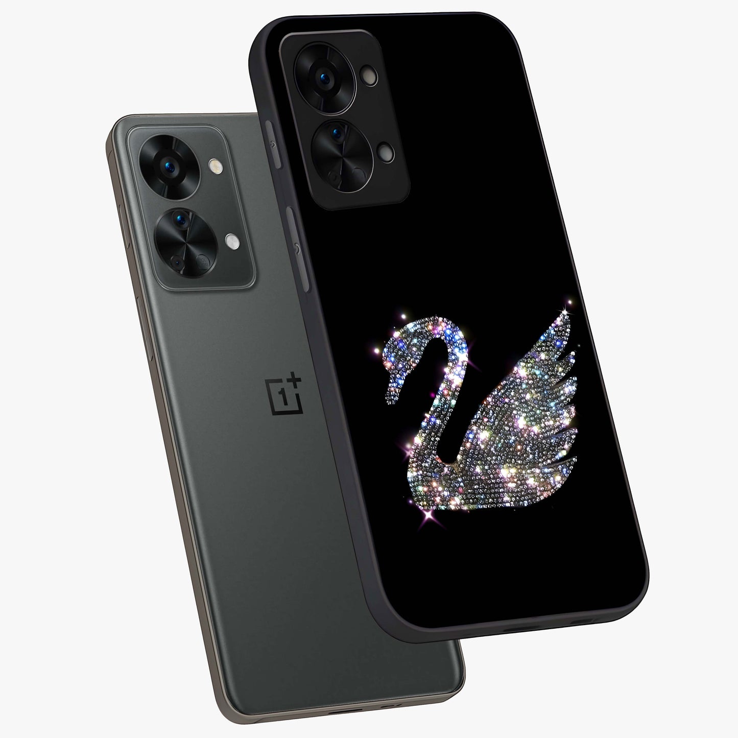 Starlit Swan Grace Glass Case for 1+Nord 2T angled mockup showcasing glossy finish and serene celestial tones