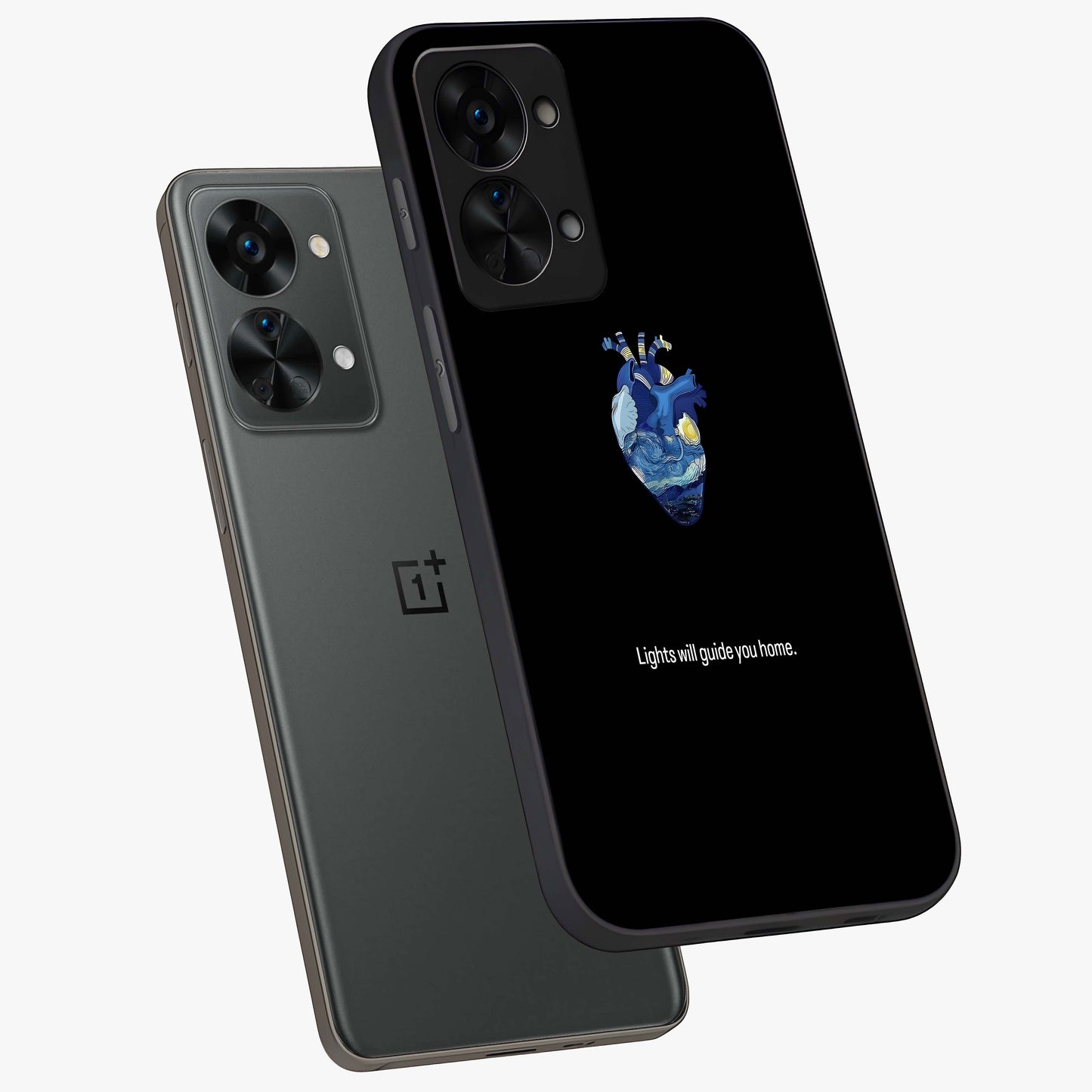 Starry Heart Compass Glass Case for 1+Nord 2T angled mockup showcasing glossy finish and celestial gradient tones