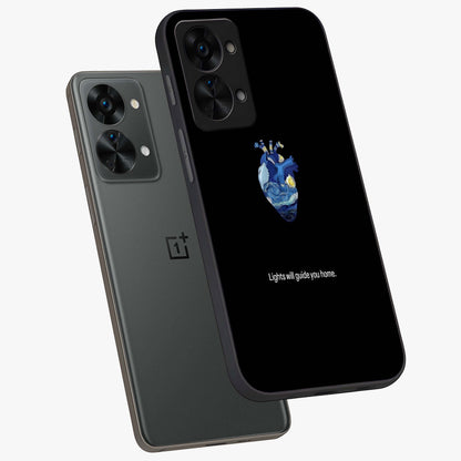 Starry Heart Compass Glass Case for 1+Nord 2T angled mockup showcasing glossy finish and celestial gradient tones